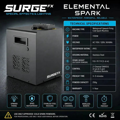 SurgeFX Elemental Spark waterproof outdoor spark machine — Technical specifications image