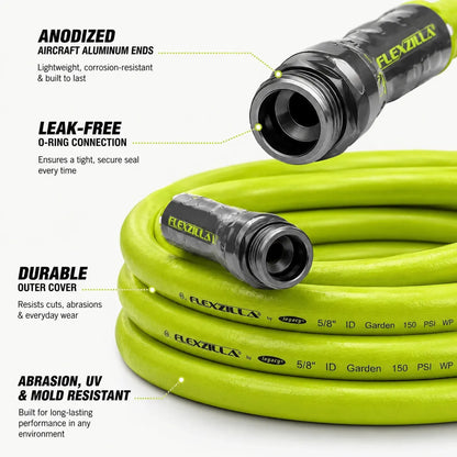 Flexzilla 5/8 x 10 ft Heavy Duty Hose product features infographic