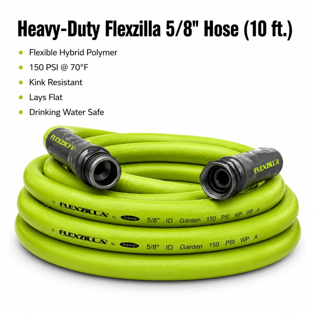 Flexzilla 5/8 x 10 ft Heavy Duty Hose heavy duty features infographic
