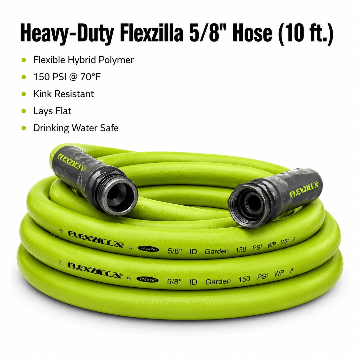 Flexzilla 5/8 x 10 ft Heavy Duty Hose heavy duty features infographic