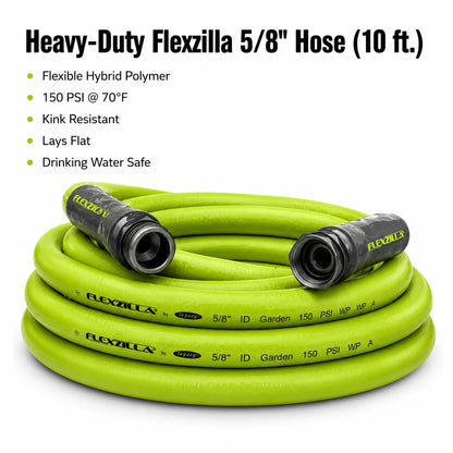 Flexzilla 5/8 x 10 ft Heavy Duty Hose heavy duty features infographic