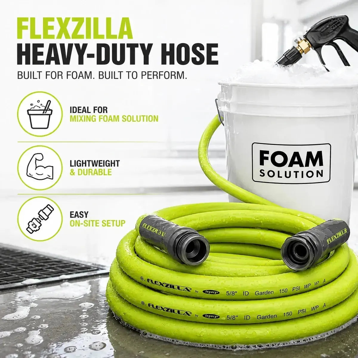 Flexzilla 5/8 x 10 ft Heavy Duty Hose use case with foam gear
