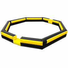26 ft black and yellow octagonal inflatable foam party pit on a clean white background with open center and two entry openings