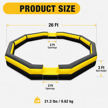 Product size infographic showing 26 ft diameter, 3 ft wall height, two 2 ft openings, and 21.2 lb product weight