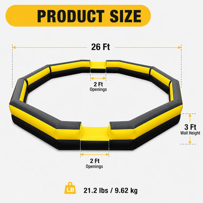 Product size infographic showing 26 ft diameter, 3 ft wall height, two 2 ft openings, and 21.2 lb product weight