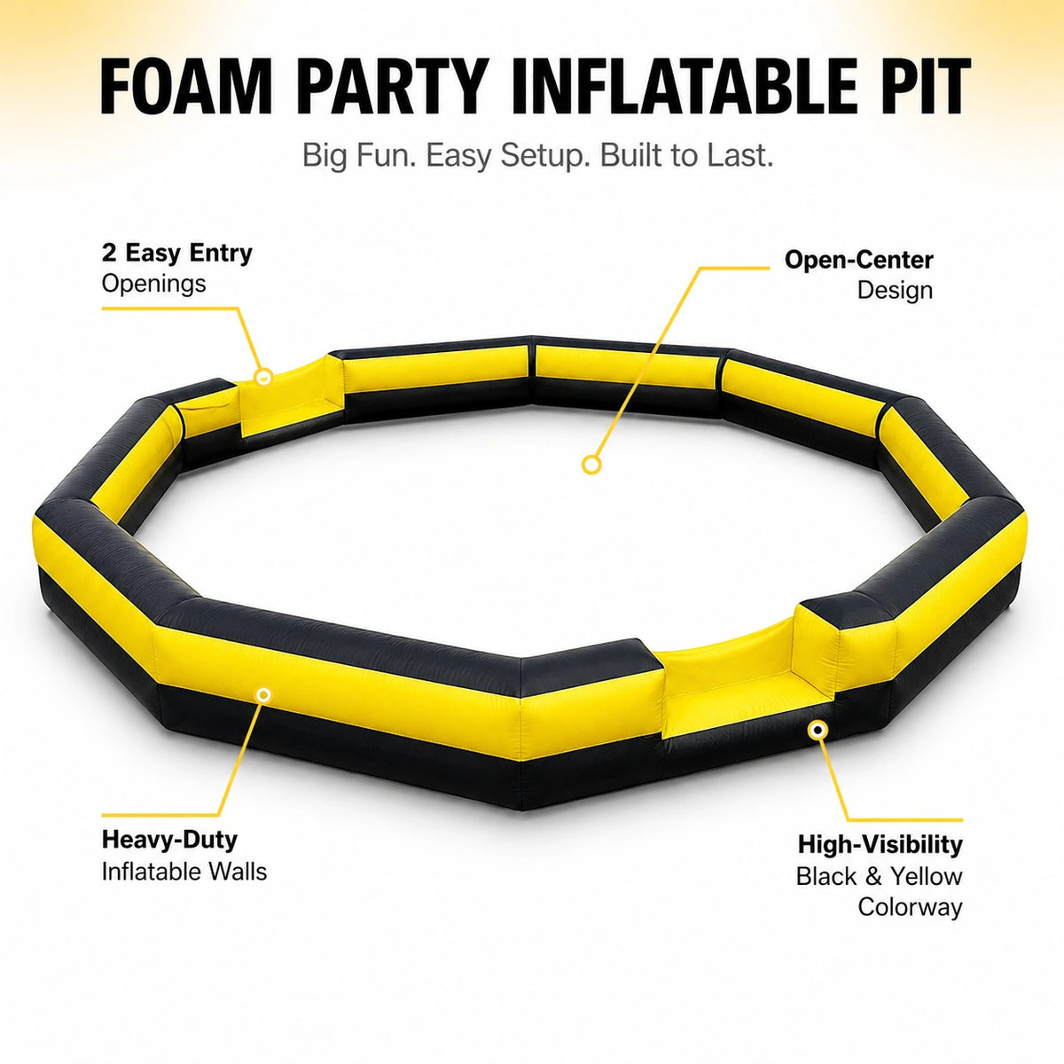 Foam party inflatable pit overview highlighting two easy entry openings, open-center design, heavy-duty inflatable walls, and high-visibility black and yellow colorway