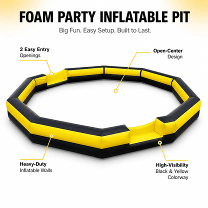 Foam party inflatable pit overview highlighting two easy entry openings, open-center design, heavy-duty inflatable walls, and high-visibility black and yellow colorway