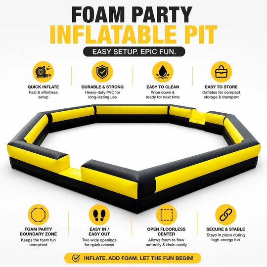 Key features infographic for the inflatable foam party pit with quick inflate, durable PVC, easy cleaning, compact storage, open floorless center, and secure stable setup