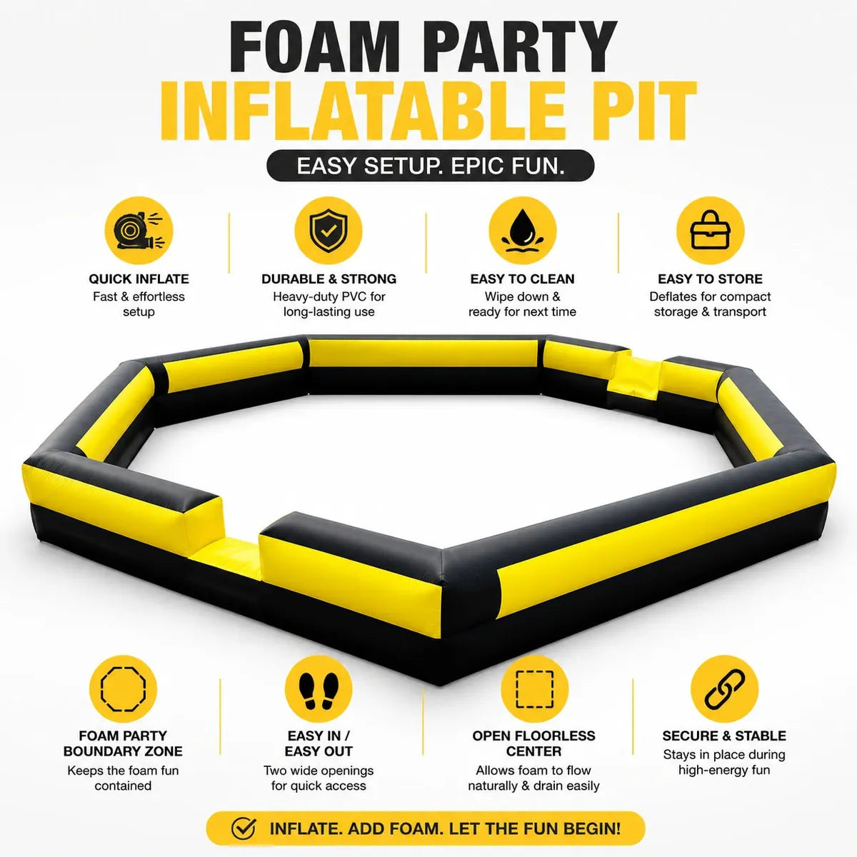 Key features infographic for the inflatable foam party pit with quick inflate, durable PVC, easy cleaning, compact storage, open floorless center, and secure stable setup