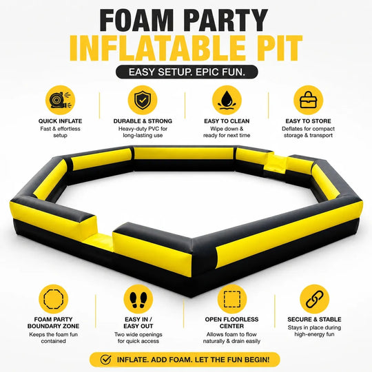 Key features infographic for the inflatable foam party pit with quick inflate, durable PVC, easy cleaning, compact storage, open floorless center, and secure stable setup