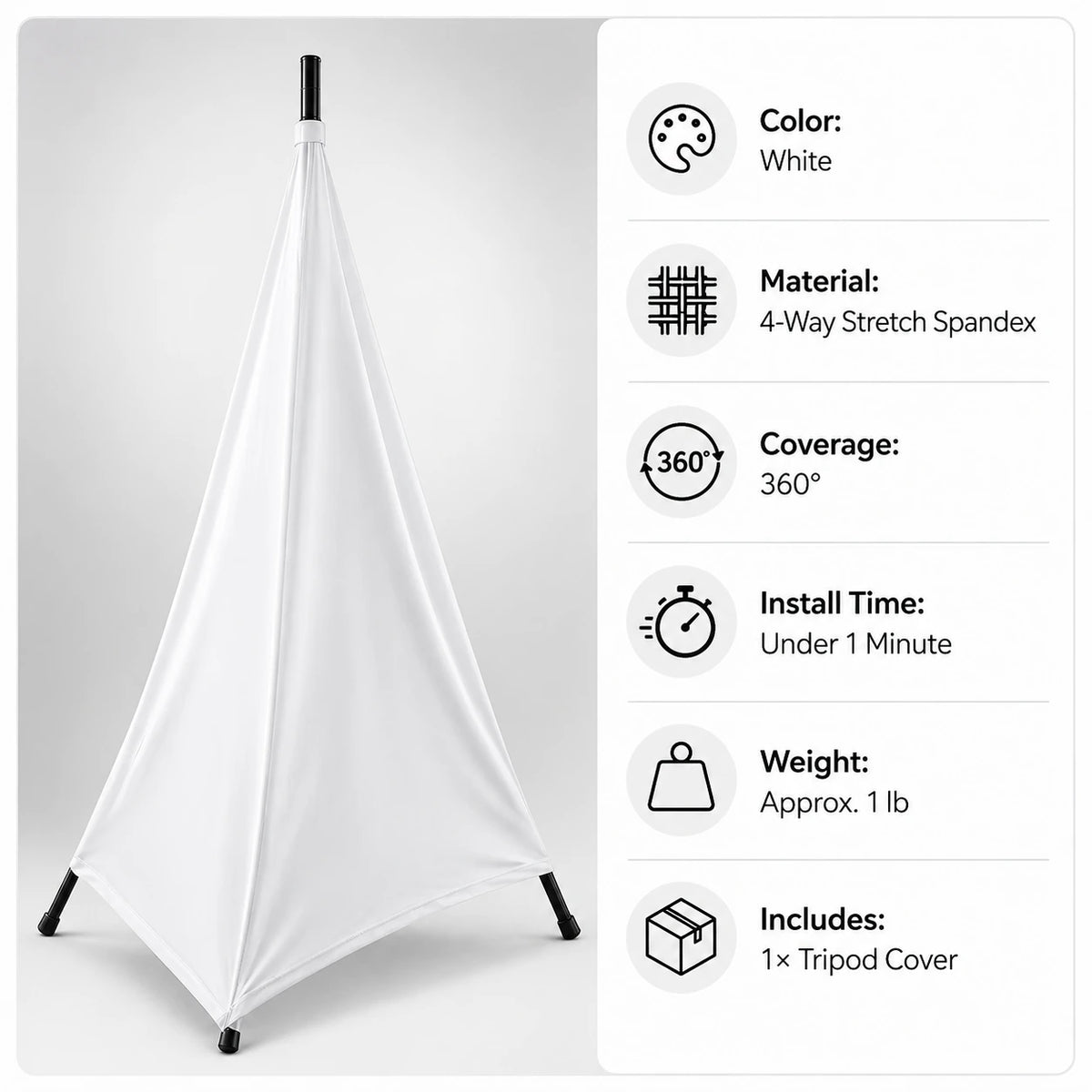 Foam Machine Tripod Cover White product display with specs infographic