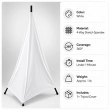 Foam Machine Tripod Cover White product display with specs infographic