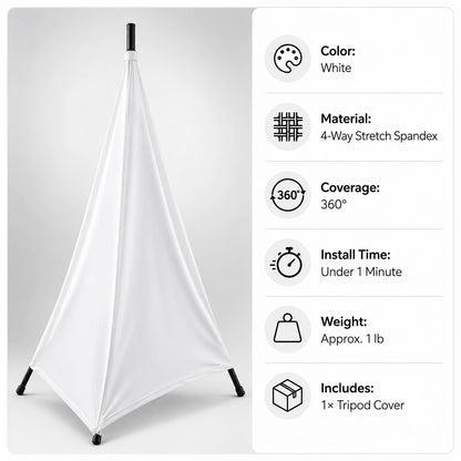Foam Machine Tripod Cover White product display with specs infographic