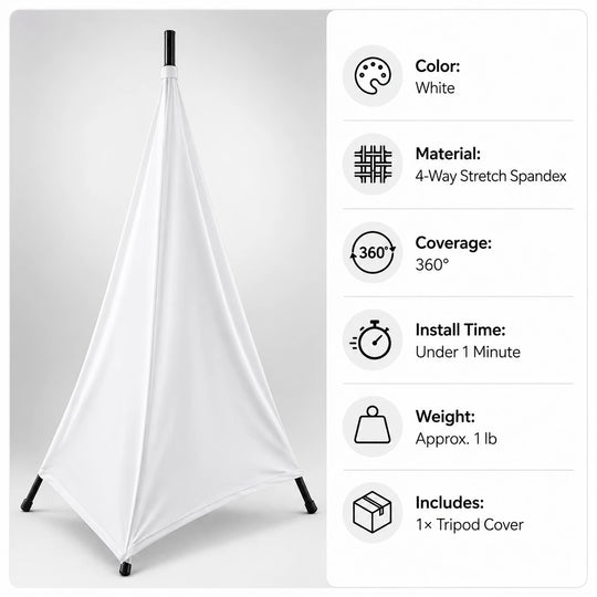Foam Machine Tripod Cover White product display with specs infographic