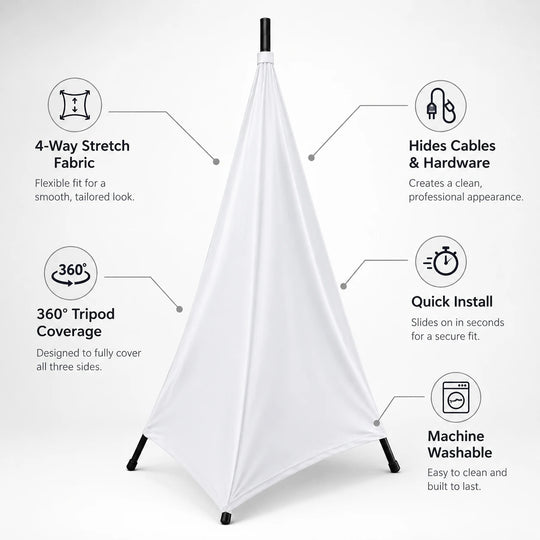 Foam Machine Tripod Cover White key product features infographic