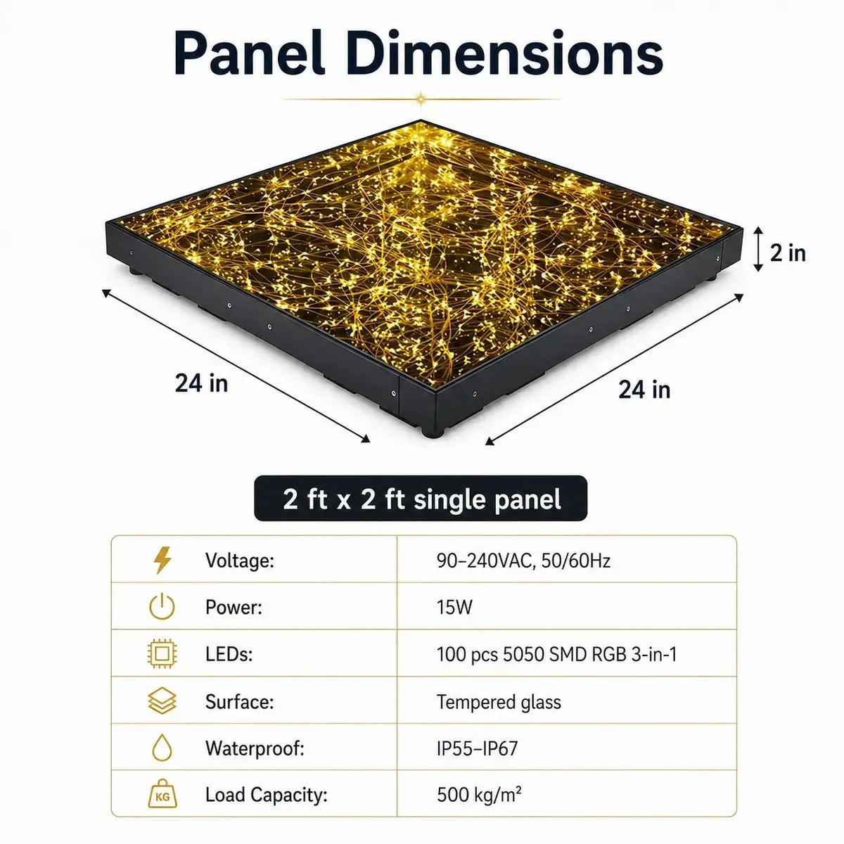 Star LED Magnetic Dance Floor panel dimensions and technical specifications chart