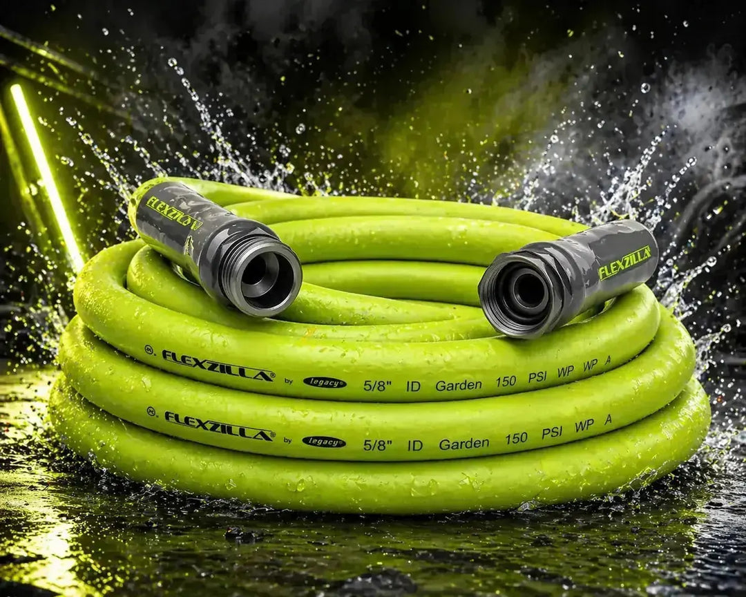 Heavy-duty green rubber garden hose, 5/8" diameter, 10 feet long.