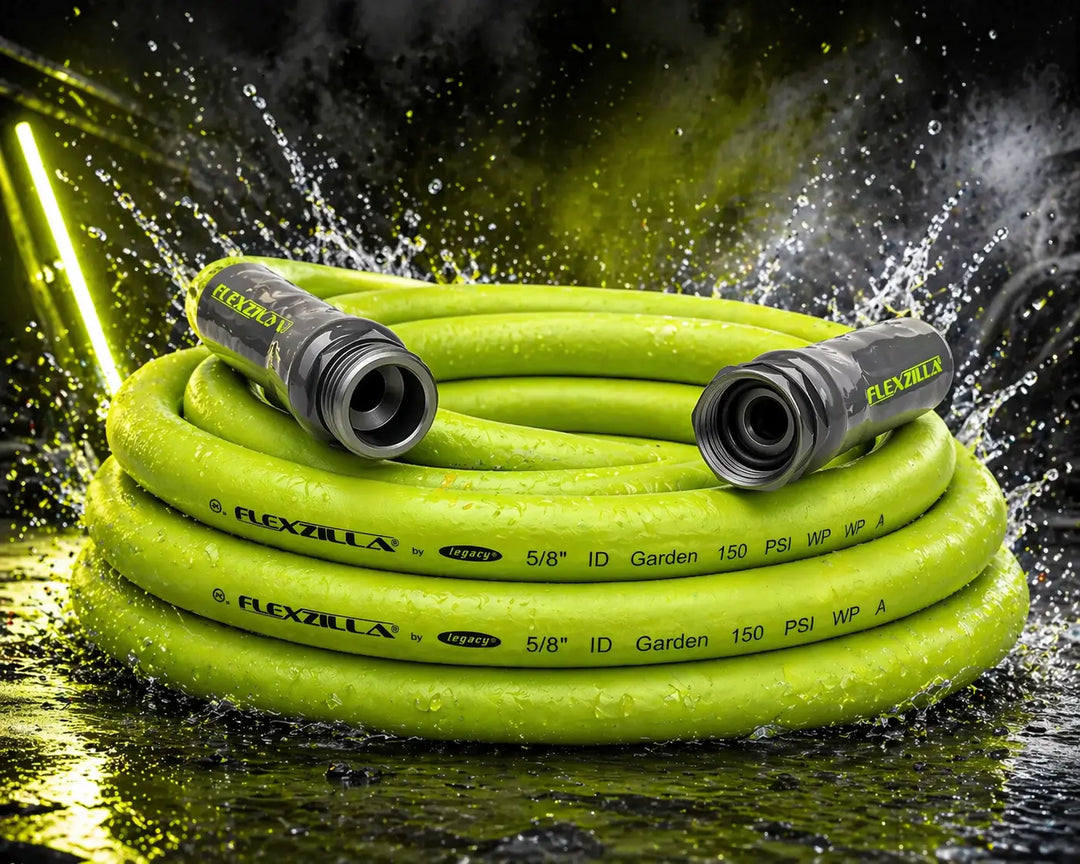 Heavy-duty green rubber garden hose, 5/8" diameter, 10 feet long.