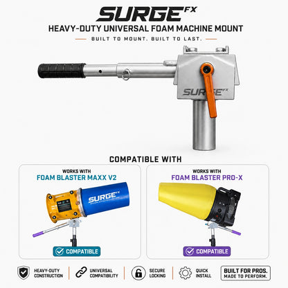 Heavy Duty Universal Foam Machine Mount works with compatible foam machines infographic