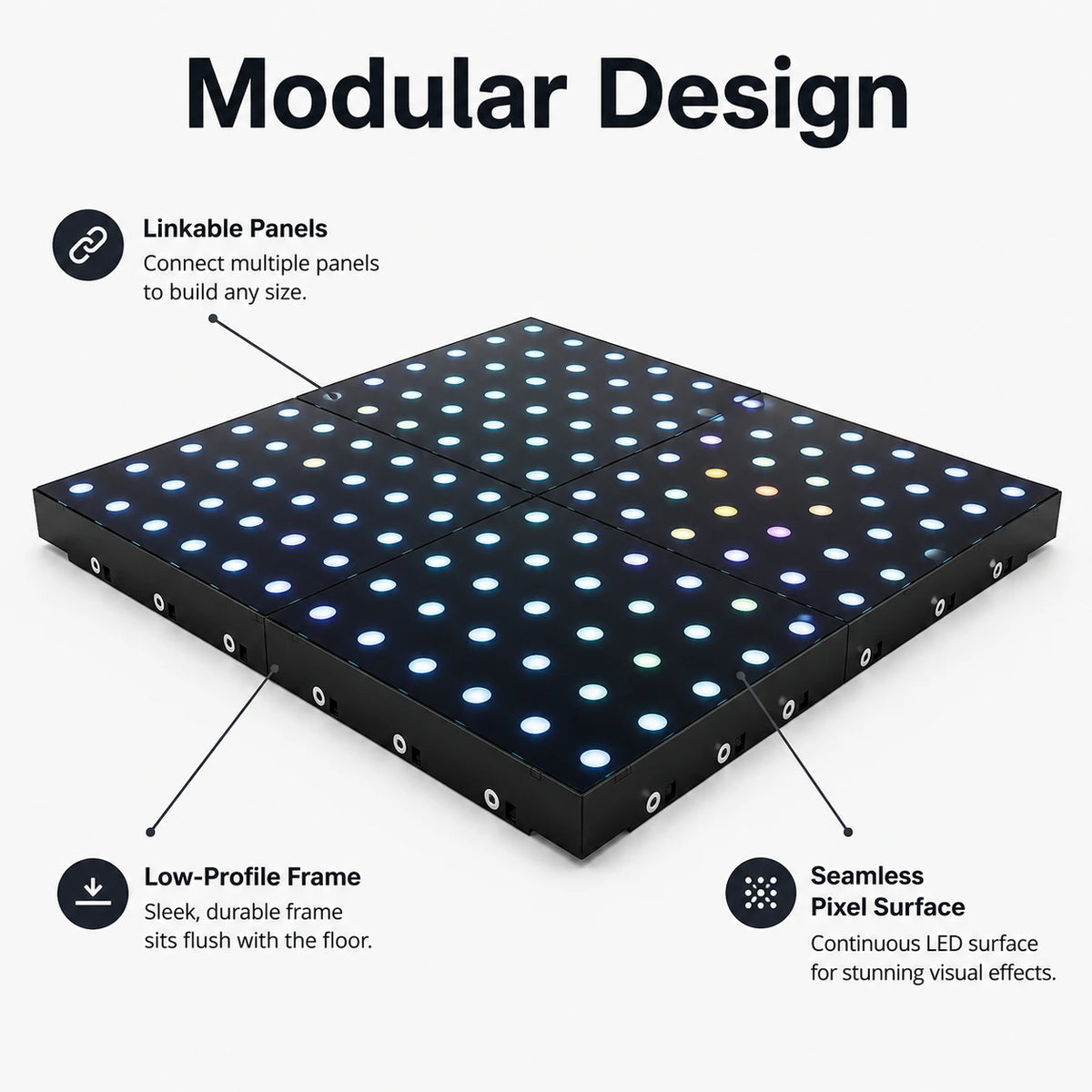 Modular Pixel LED Dance Floor panels demonstrating flexible installation configurations