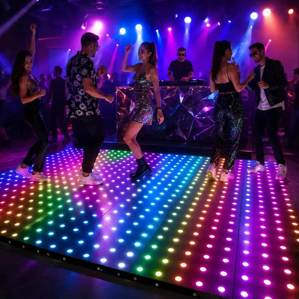 Pixel LED Magnetic Dance Floor creating vibrant atmosphere in nightclub setting