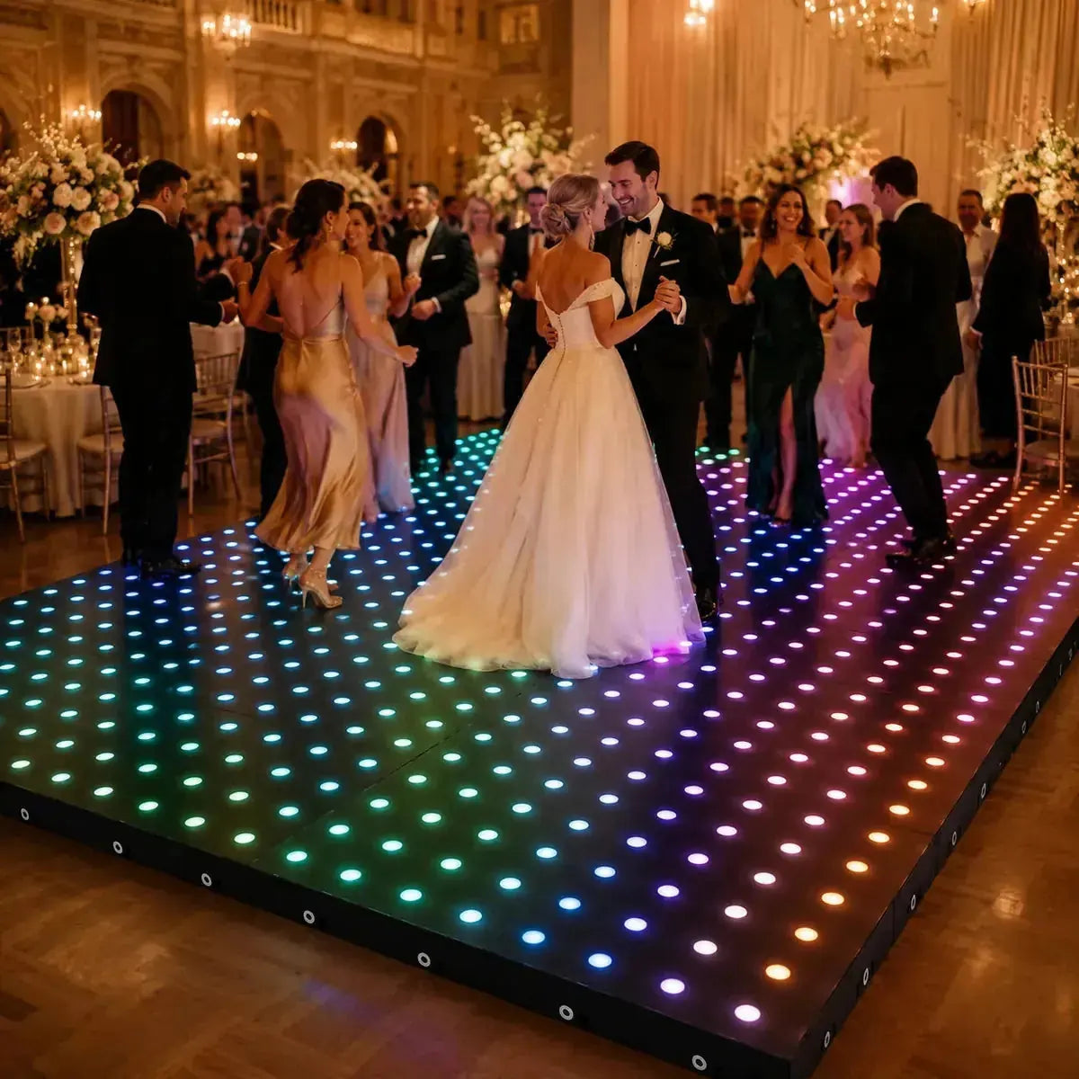 Pixel LED Dance Floor enhancing wedding reception with elegant lighting effects