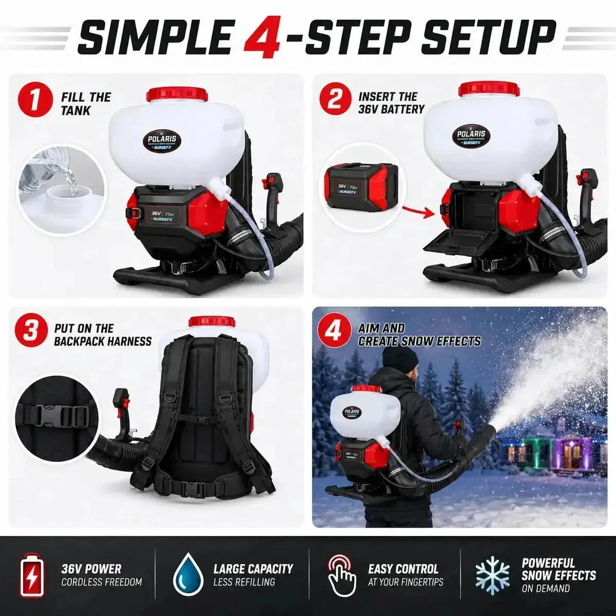 SurgeFX Polaris backpack snow machine four step setup