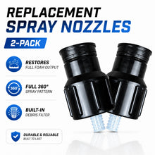 2-pack replacement spray nozzles infographic highlighting full foam output, 360-degree spray pattern, built-in debris filter, and durable construction