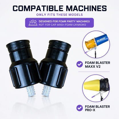 Compatibility infographic showing replacement nozzles designed for Foam Blaster Maxx V2 and Foam Blaster Pro-X foam party machines