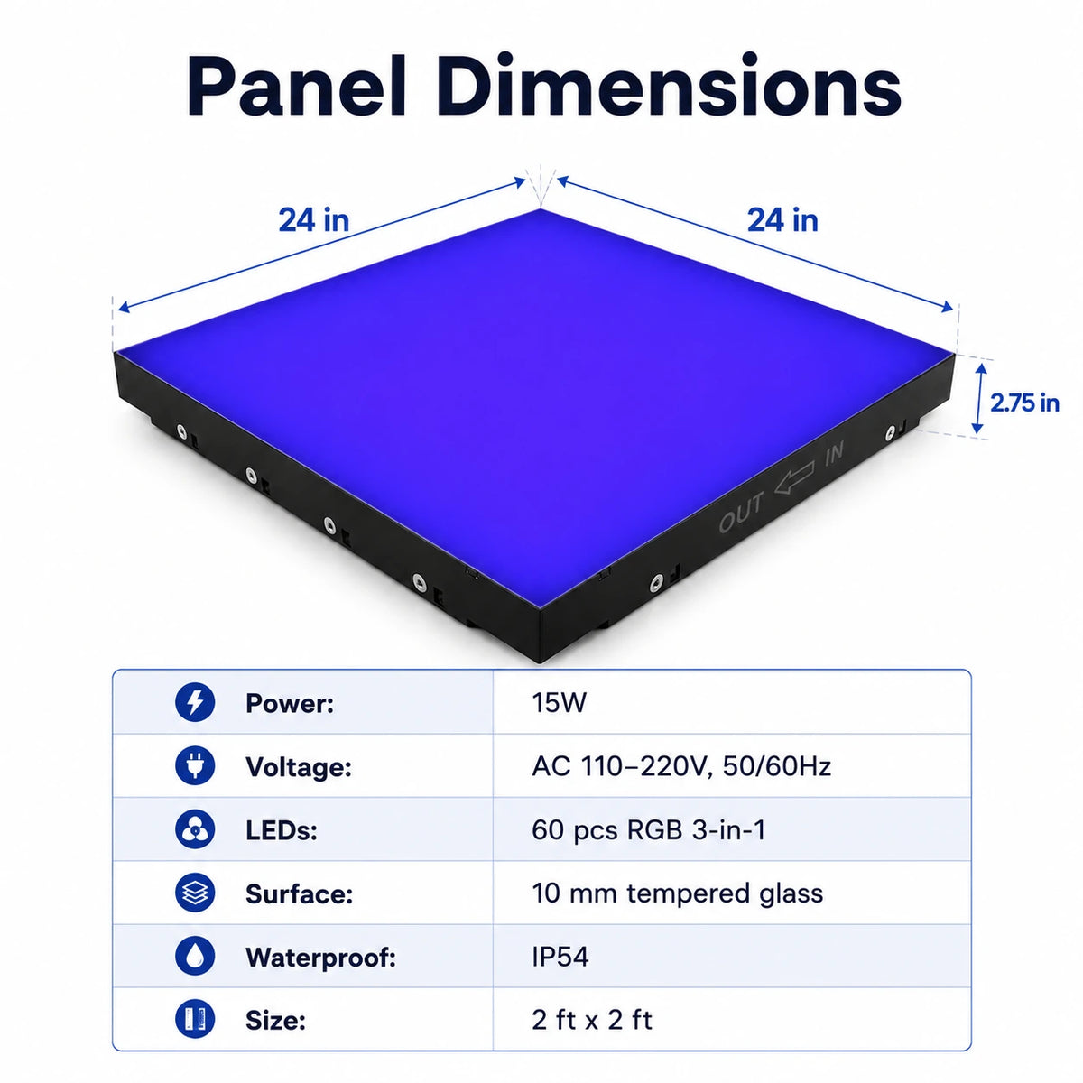 Technical dimensions and specifications for Rainbow LED Magnetic Dance Floor panel