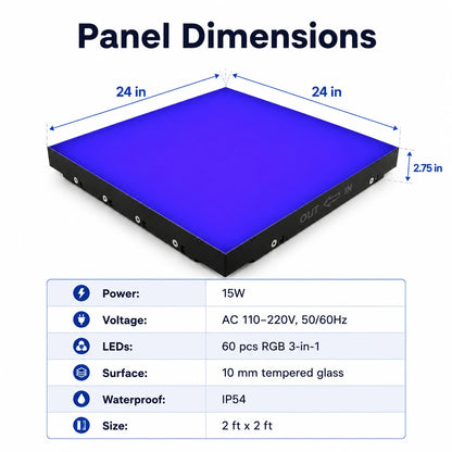 Technical dimensions and specifications for Rainbow LED Magnetic Dance Floor panel