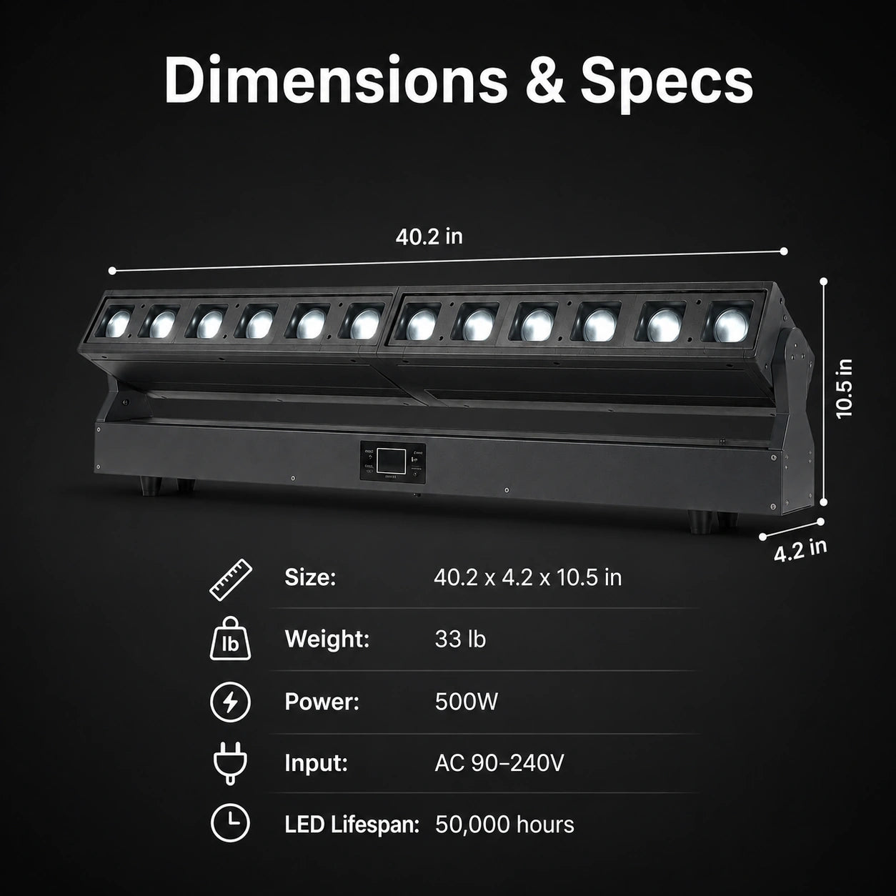 SurgeFX SF-ST1240 12x40W strip strobe moving head light dimensions specs image
