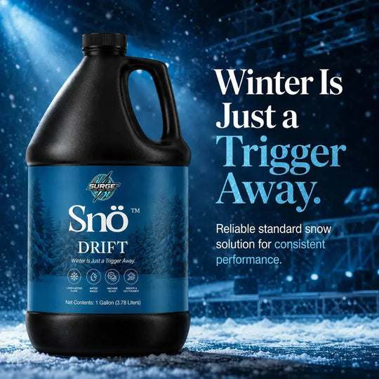 Promotional image for Snö Drift with stage lighting and snow atmosphere