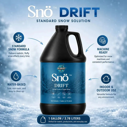 Feature callout infographic for Snö Drift bottle design and snow machine readiness
