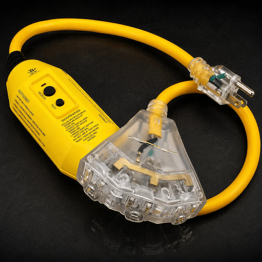 3-foot waterproof GFCI extension cord coiled on white background.