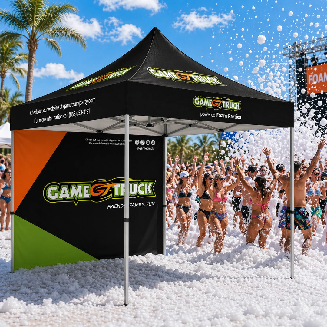 White foam party tent with colorful backdrop, 5x5 size.