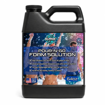SurgeFX 64oz Pour-N-Go foam solution jug shown as the primary product image.