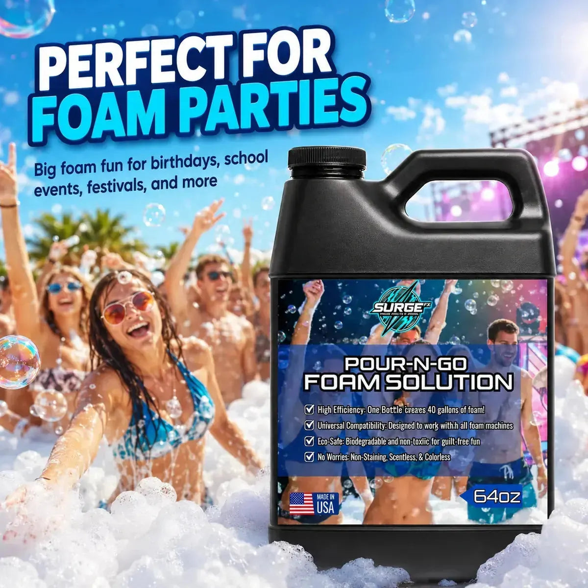 Lifestyle image showing the 64oz Pour-N-Go foam solution in a foam party setting.