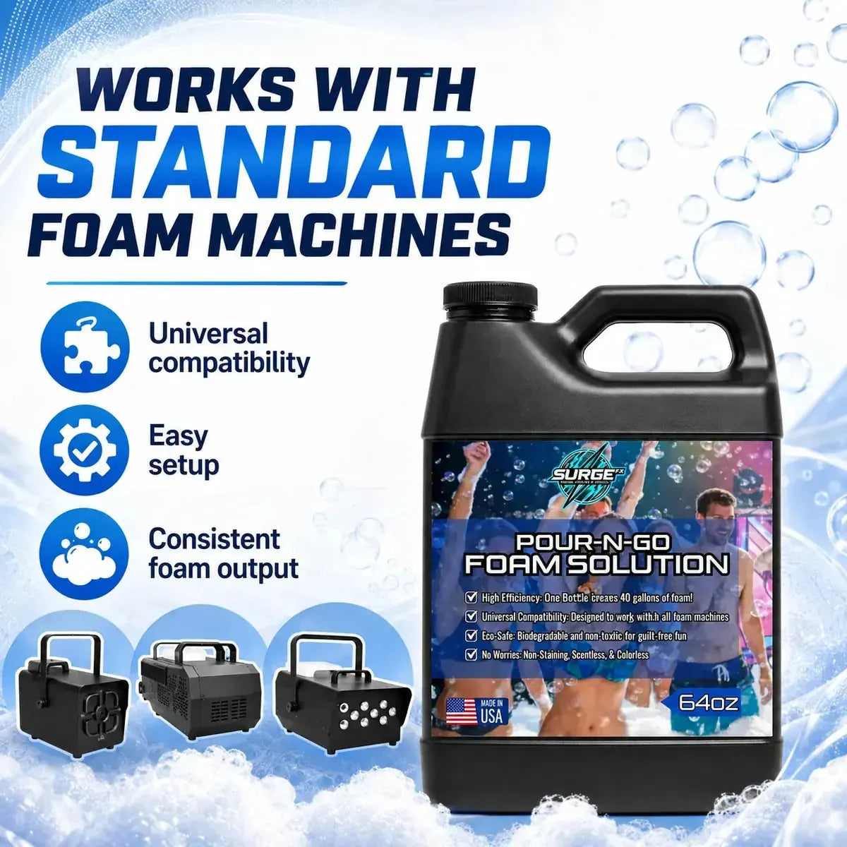 Feature-focused marketing image for SurgeFX 64oz Pour-N-Go foam solution.