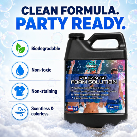 Marketing image emphasizing compatibility and use cases for SurgeFX 64oz Pour-N-Go foam solution.