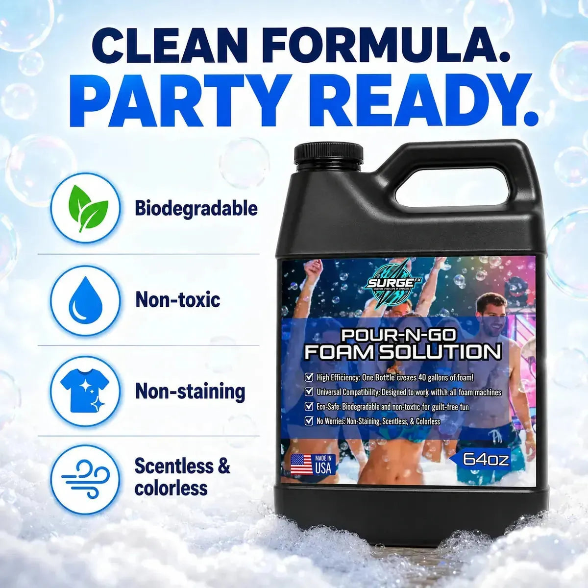 Marketing image emphasizing compatibility and use cases for SurgeFX 64oz Pour-N-Go foam solution.