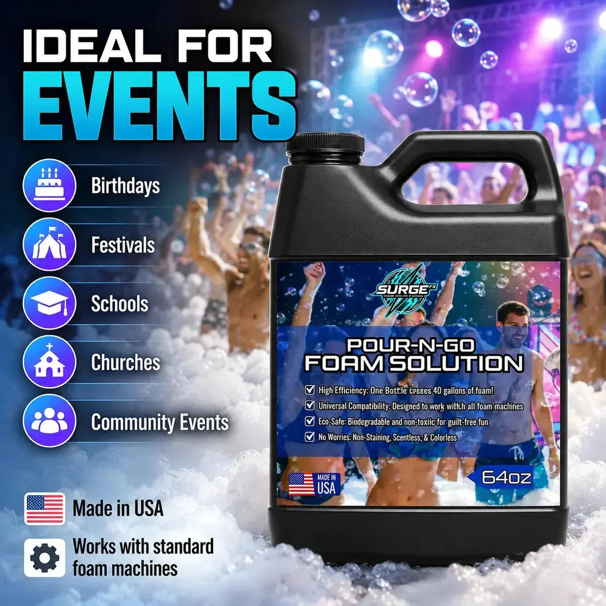 Clean and bubbly lifestyle marketing image for SurgeFX 64oz Pour-N-Go foam solution.