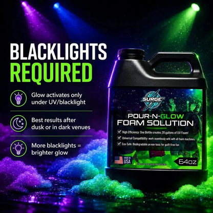 SurgeFX Pour-N-Glow UV foam solution presented as an essential product for blacklight foam parties.