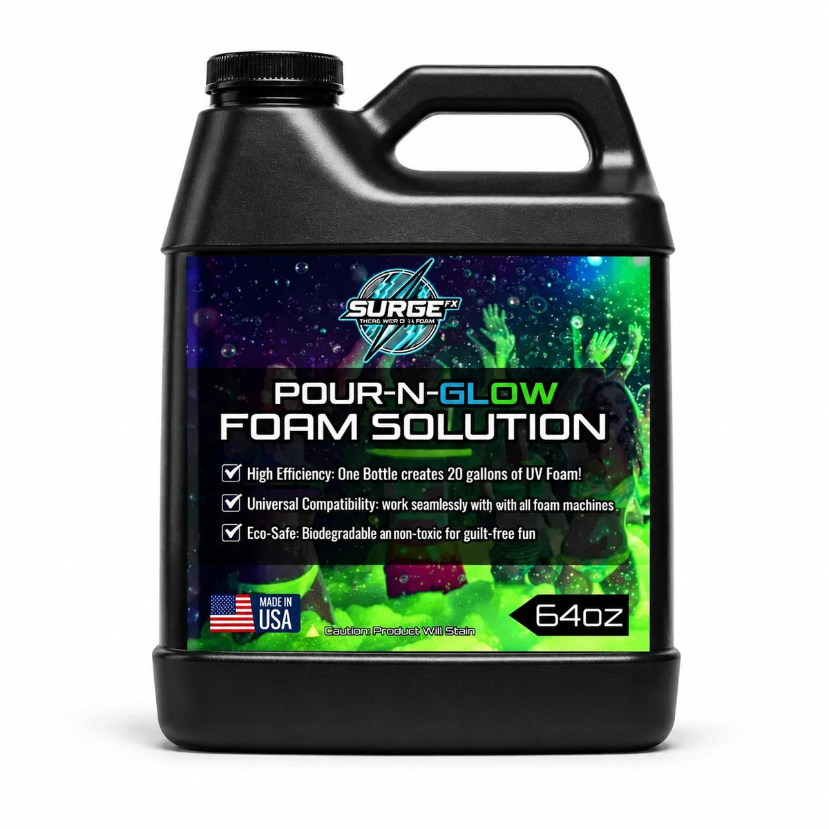 SurgeFX 64oz UV Foam Solution Pour-N-Glow bottle shown as the main product image.