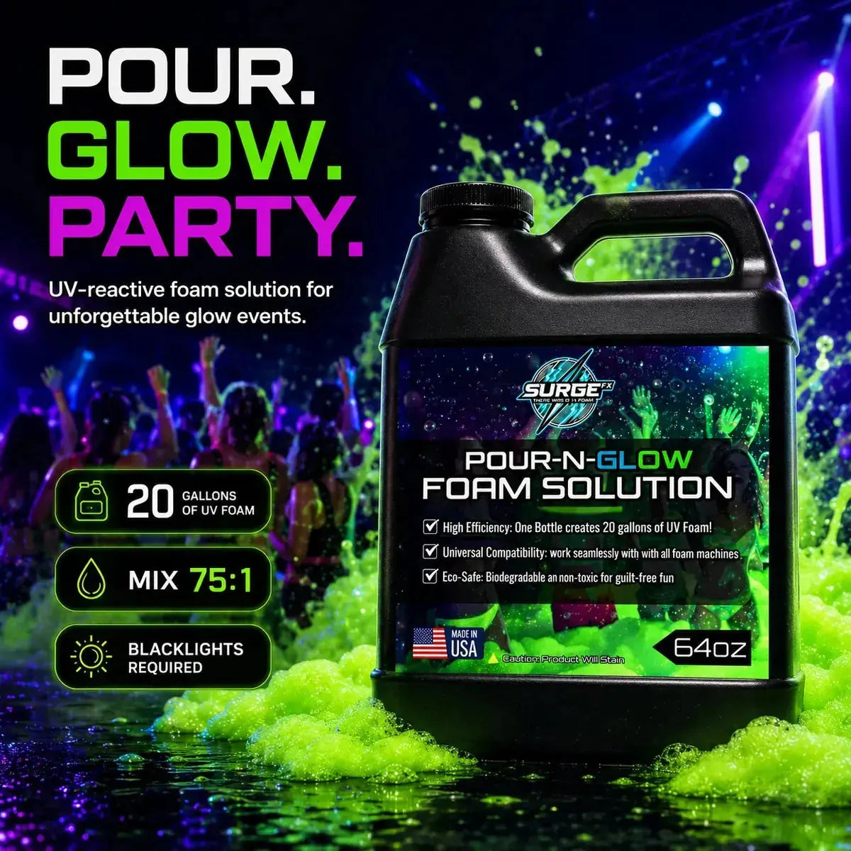 Guests enjoying a neon foam party with glowing foam under blacklight effects.