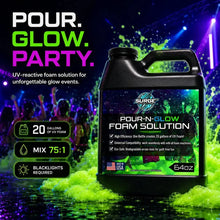 Guests enjoying a neon foam party with glowing foam under blacklight effects.