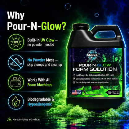 Promotional image for SurgeFX Pour-N-Glow UV foam solution highlighting the product in a neon party setting.