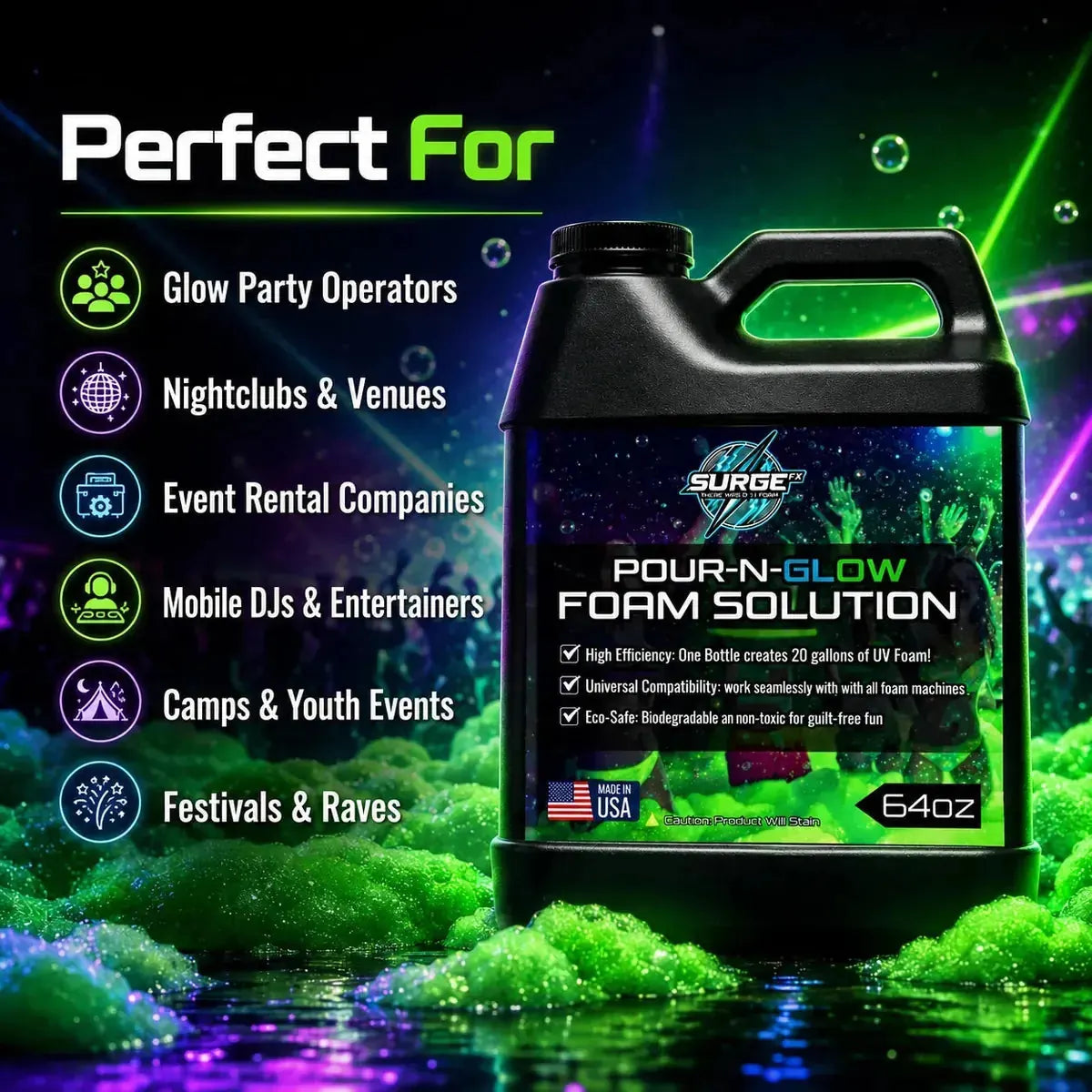 Advertisement image for SurgeFX Pour-N-Glow UV foam solution with bold glow-party styling.