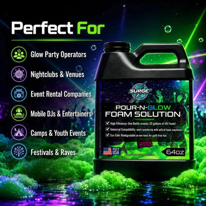 Advertisement image for SurgeFX Pour-N-Glow UV foam solution with bold glow-party styling.