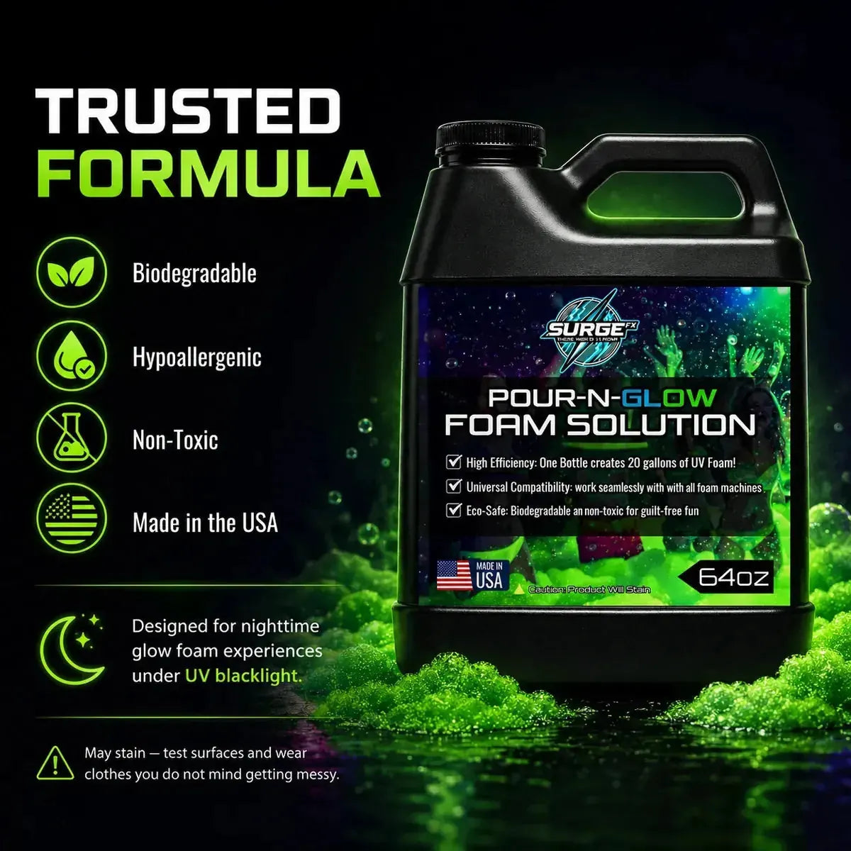 SurgeFX Pour-N-Glow UV foam solution with glowing visual highlights that emphasize UV performance.